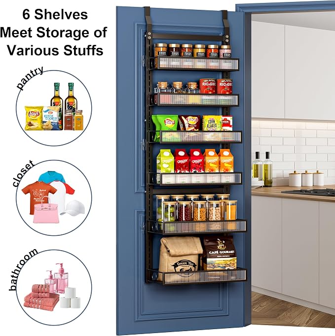 Over the Door Pantry Organizer 6 Tiers Hanging or Wall Mounted Spice Rack with Adjustable Basket,Heavy Duty Metal Seasoning Organizer Shelf for Kitchen Pantry and Bathroom