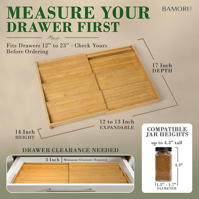 Bamboo Spice Drawer Organizer – Expandable Spice Rack for Drawer – 4 Tiered Premium Bamboo Kitchen Seasoning Organizer for Drawer Spice Organizer, Seasoning rack insert for Cabinet