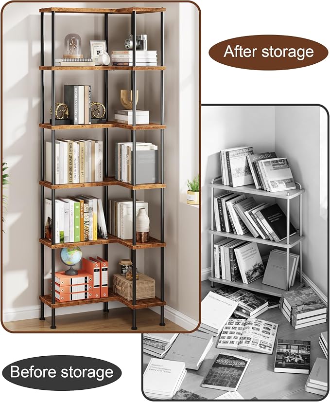 HIGDBFE 6-Tier L-Shaped Corner Bookshelf, 67" Tall Modern Corner Shelf | L-Shape Corner Fits Living Room, Bedroom, or Home Office Corners, Open Shelves, Display Rack for Books, Plants, and More