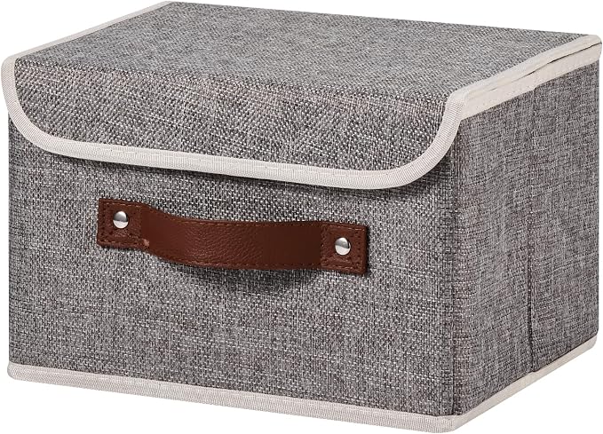 Storage Bins Box with Lids Decorative Cotton Linen Fabric Baskets Cubes with Handles PP Plastic Board Foldable Washable Lidded Clothing Shelf Closet Organizer Container (Gray, Small)