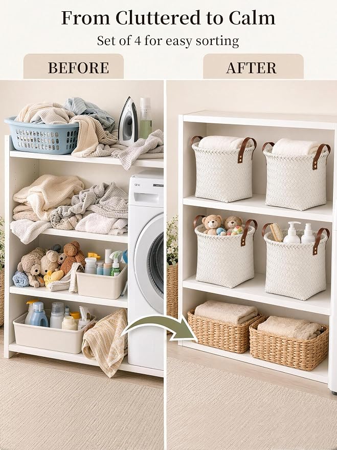 Hand Woven Baskets for Storage, 4Pcs Water-Resistant Wicker Baskets, White Wicker Storage Baskets for Shelves, Large Basket with Handle for Organizing, Closet, Laundry, Blanket - Round