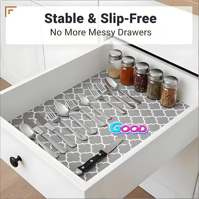 Coavas Shelf and Drawer Liner, Non Slip Extra Grip Non Adhesive Waterproof Thickened Cabinet Mat, Easy Cut for Kitchen Pantry Bathroom Dresser Cupboard (Gray, 17.5IN x 10FT)