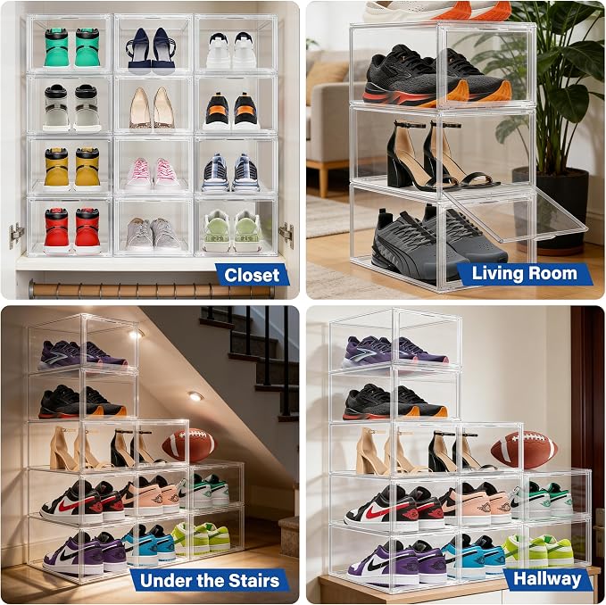 2 Pack Drop Front Shoe Boxes Acrylic Box Sneaker Case Size 12, Transparent Display Cases for Sneaker Collections, Baseball Caps, Hat Organizer Dust-free Shoe Cubbies Stackable Sneaker Boxes