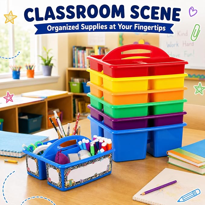 6 Pack Colorful Classroom Caddy Organizer with Composition Notebook Label Stickers 3 Compartments Teacher Supply Storage Caddy Table Caddies Holder for Classroom Desk Office Craft Art School Supplies