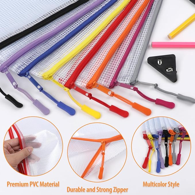 YOPCDJ 20PCS Mesh Zipper Pouch Bags, A4 13x9 Inches Waterproof Mesh Bags with Zipper, Plastic Zipper Pouch for Organizing, Mesh Bag for Travel Storage, 8 Colors Assortment