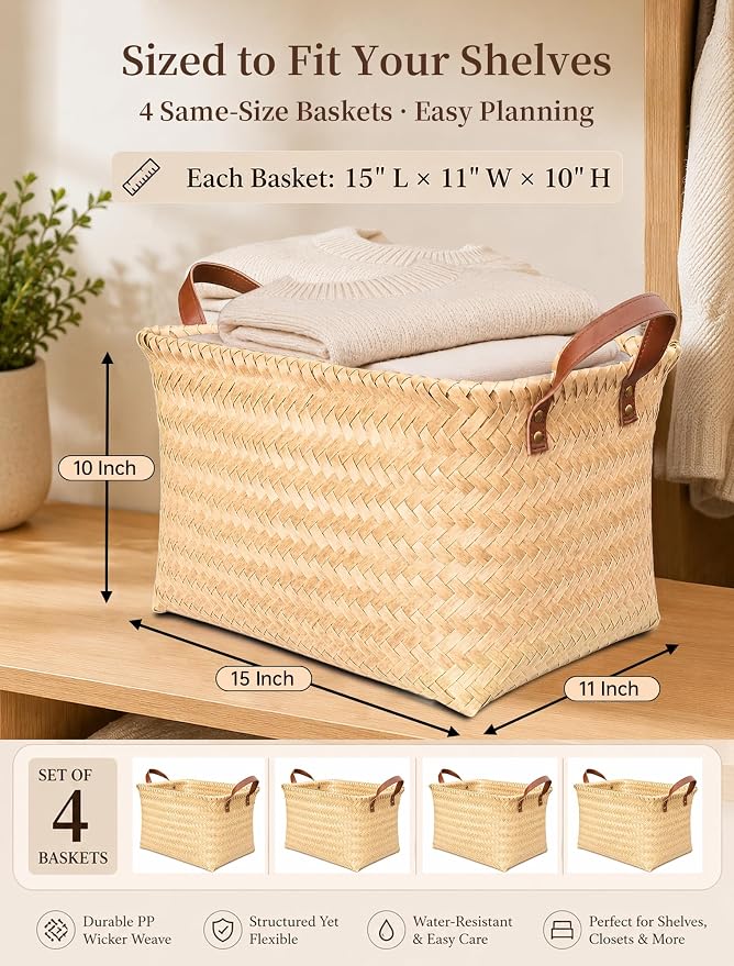 Hand Woven Baskets for Storage, 4Pcs Water-Resistant Wicker Baskets, Yellow Wicker Storage Baskets for Shelves, Large Basket with Handle for Organizing, Clothes, Laundry, Blanket - Rectangular