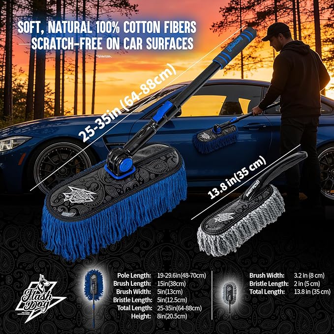 Flash Dog Car Duster Exterior with Car Duster Interior Wax Cotton Hair Scratch Free Cleaning for Cars, SUVs, Trucks | Waterless Dust Remover & Detailing Brushes Set with Storage