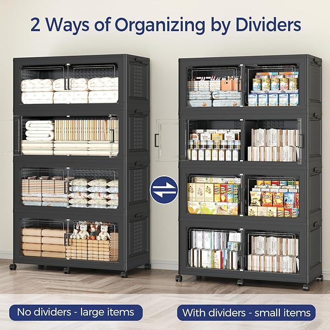 160GAL Extra Large Storage Bins with Lid, 640Qt Stackable Closet Organizers and Drawers, Collapsible Storage Bins with Wheels, Folding Containers for Home, Kitchen Office, 4Pack Black