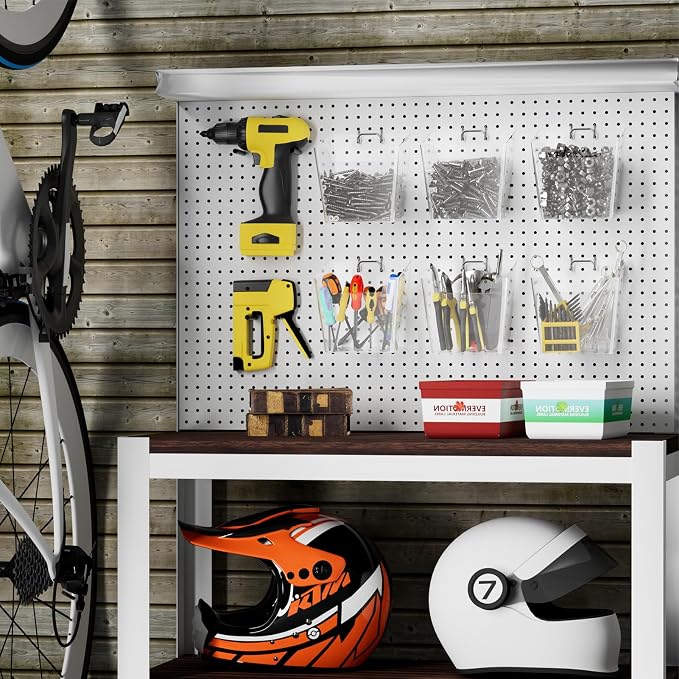 G.CORE Large Pegboard Cups Peg Board Storage Bin 6 Pack with Hooks, Square Box Shape Pegboard Cup Holder Accessories for Garage Workbench/Craft Room/Office/Playroom/Home Kitchen Organization (Clear) | Big Open-Mouth Cups, 1/8" 1/4" Pegboard Organizer A...
