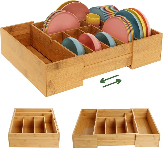 BAMEOS 3.9inch Tall Bamboo Drawer Organizer, Expandable Utensil Holder with 8 Compartments, Adjustable Kitchen Drawer Divider for Flatware, Silverware and Gadgets, Deep Storage for Home and Office