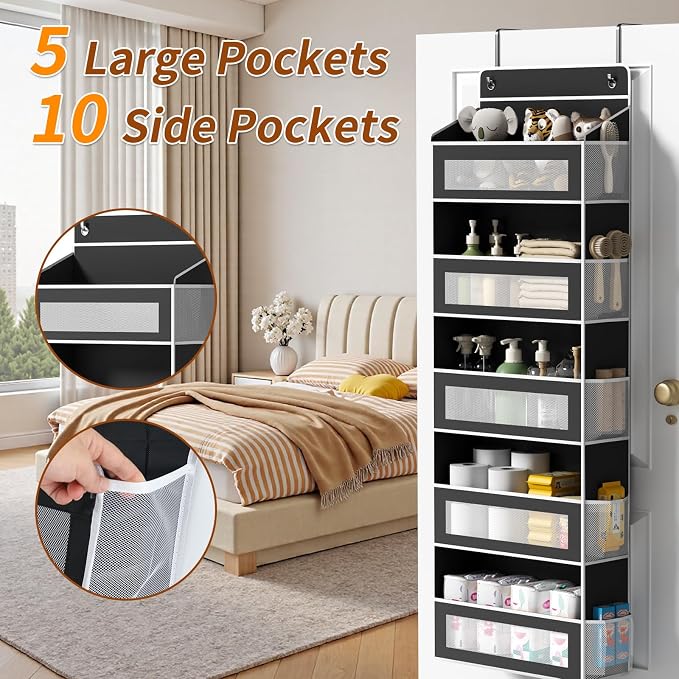 5-Tier Over The Door Organizer with 5 Large Pockets, Over the Door Storage 10 Side Pockets 44 lb Load Behind Door Storage, Door Organizer Hanging Shelf for Closet Bedroom Bathroom Nursery, Black