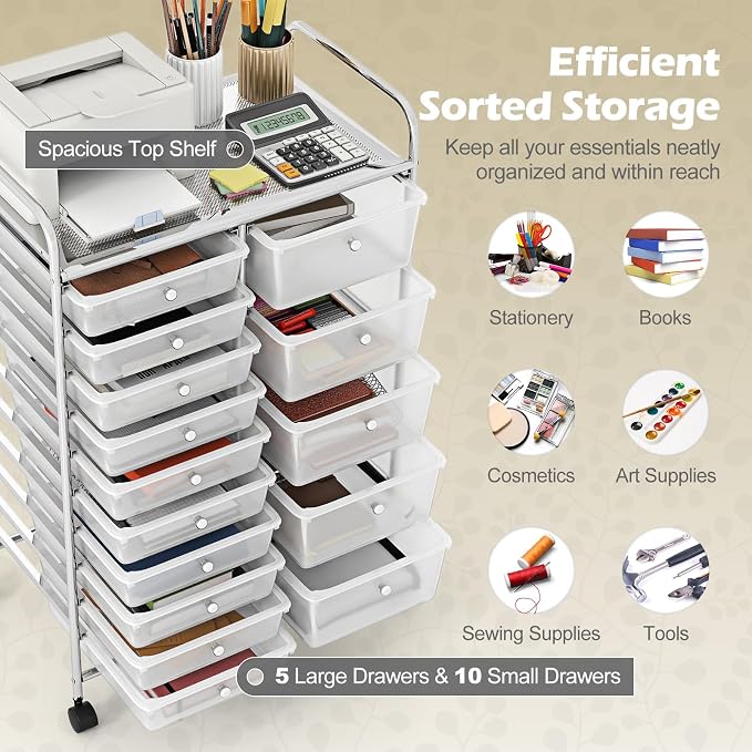 DREAMADE 15-Drawer Rolling Storage Cart, Mobile Craft Cart, Clear | Utility Organizer with Lockable Wheels, Removable Plastic Drawers and Metal Frame for Home Office, Classroom and Studio