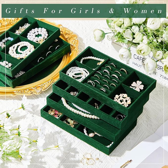 Junkin 18 Pcs Jewelry Drawer Organizer Inserts, Stackable Jewelries Inserts for Dresser Drawers, Drawer Insert Organizers Velvet Jewelry Trays for Rings Earring Bangle Necklace(Dark Green)