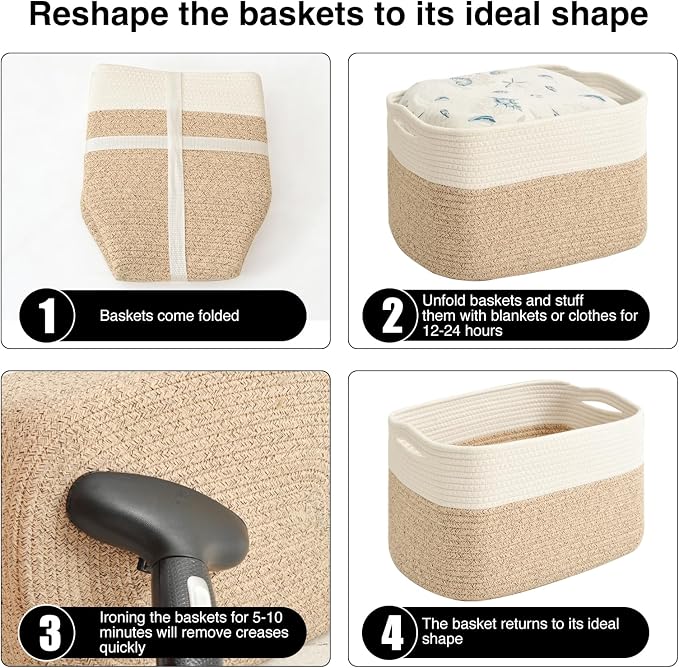 ICERZCZ Storage Baskets for Organizing & Shelves, Woven Cotton Rope Organization Bins for Dog Toys, Clothes, Books, Nursery Organizer, 15" Lx11''Wx9.5''H, (4 Packs) Off White & Brown