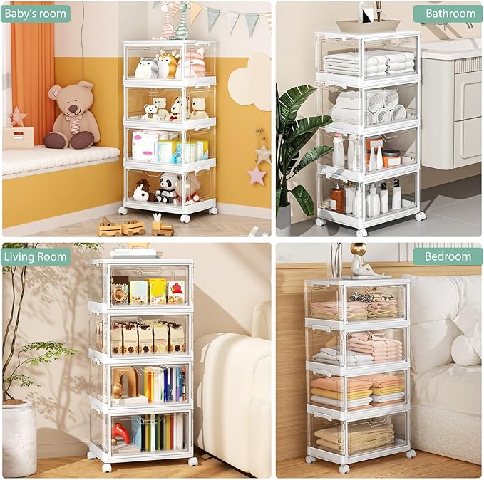 Kmiectse Clear Storage Bins with Lids,4 Tier Plastic Bins with Wheels,Stackable Storage Bin,Closet Organizers Box for Bedroom,Living Room,Toy,23 QT Folding Box with Magnetic door
