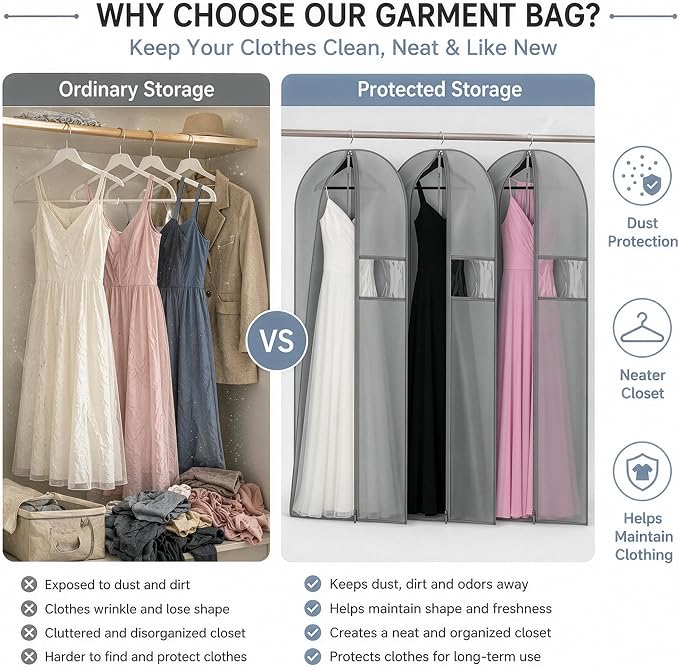 Kimmama Dress Bags for Gown, Garment Bag for Long Trench Coat, 23.6" x 65" | PEVA Clothes Cover, For Bridesmaid, Ball, Wedding Gown, Clear Windows, Dustproof, Keep Dry, Travel, 3 Pack