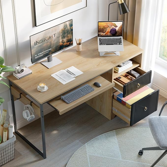 Bestier 55 Inch Office Desk with Fluted Panel & Keyboard Tray, Natural Oak | 55 X 22 In Work Surface, File Drawer, Reversible Pedestal, Fluted Panels And Keyboard Tray For Home Office Storage.