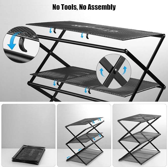Small Shoe Rack for Entryway - 3 Tier Shoe Organizer Metal Foldable Shoes Storage Rack, Zero Tool Install, Sturdy Shoe Rack for Closet, Front Door Entrance, Living Room - Space Saving, Black