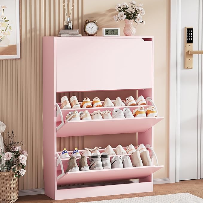 Shoe Storage Cabinet, Wood Shoe Organizer for Entryway with 3 Flip Drawers, Freestanding Shoe Rack with Adjustable Shelf, Narrow Shoe Dresser for Front Door Entrance (Pink, 3 Drawers)