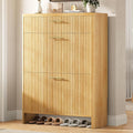 Fluted Shoe Storage Cabinet for Entryway, Narrow Wooden Shoe Cabinet with 2 Flip Drawers & Pull-Out Drawer, Modern Freestanding Slim Shoe Organizer Rack for Foyer/Hallway/Living Room, Oak