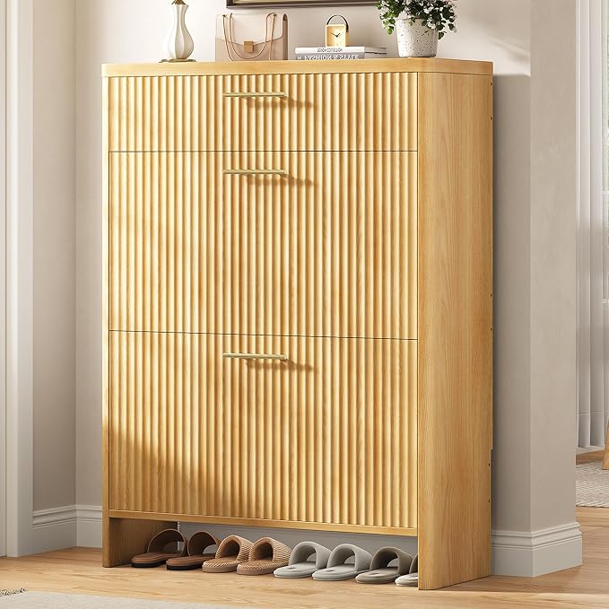 Fluted Shoe Storage Cabinet for Entryway, Narrow Wooden Shoe Cabinet with 2 Flip Drawers & Pull-Out Drawer, Modern Freestanding Slim Shoe Organizer Rack for Foyer/Hallway/Living Room, Oak