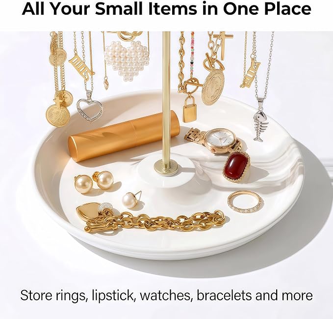 Gold Necklace Holder with Tray - 16 Hooks for Hanging Jewelry | The Tray Space is Suitable for Multifunctional Storage of Earrings, Rings, Lipstick, Watches & More - Jewelry Organizer