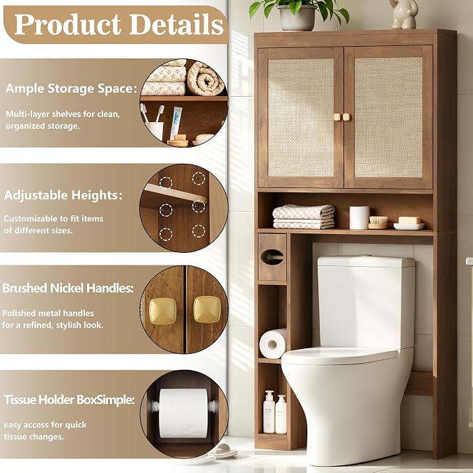 Over The Toilet Storage Cabinet Bathroom Shelf Over Toilet Bathroom Organizer Space Saver Rack with Adjustable Shelf (Brown- Yellow, Rattan Style)