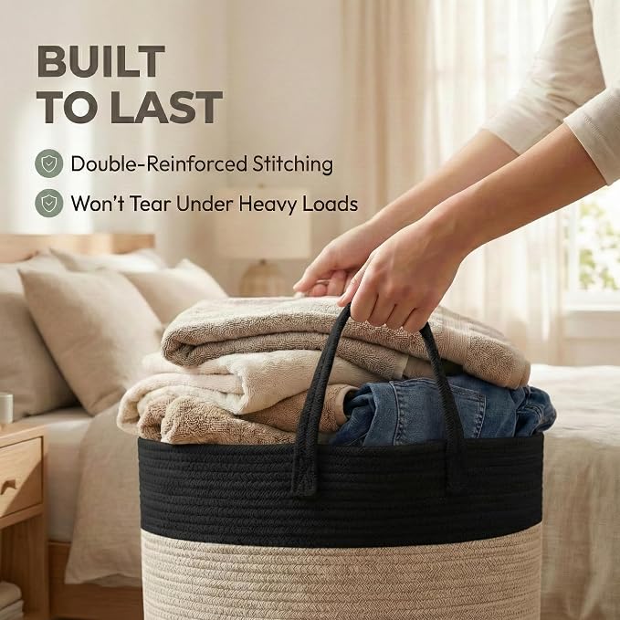 JMvicyroam 65L Extra Large Machine Washable Cotton Rope Blanket Basket | Collapsible laundry hamper, Reinforced handles, For blankets, pillows, toys and clothes, Living room and bedroom, Black&Jute