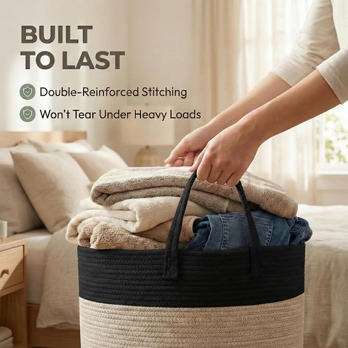 JMvicyroam 115L Extra Large Machine Washable Cotton Rope Blanket Basket | Collapsible laundry hamper, Reinforced handles, For blankets, pillows, toys and clothes, Living room and bedroom, Black&Jute