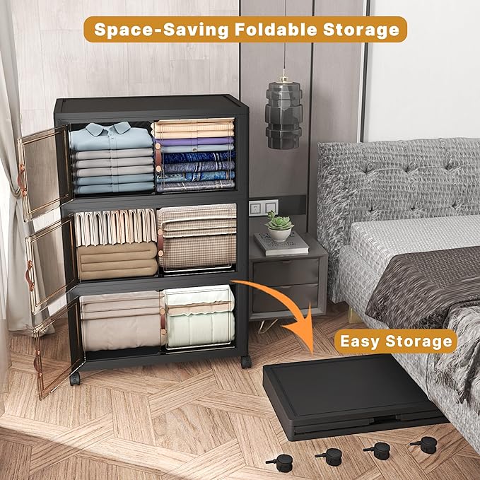 UAMFURI Extra Large Stackable Storage Bins with Lids & Wheels, Foldable Collapsible Closet Organizers Dark Storage Cabinet with Doors for Bedroom Dorm