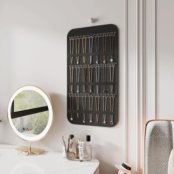 Hanging Jewelry Organizer for Necklaces Earrings, 1-Pack, Black and Beige | Foldable Double-Sided 36 hooks & 40 clear pockets; swivel hook fits walls, doors & rods for earrings, bracelets, rings