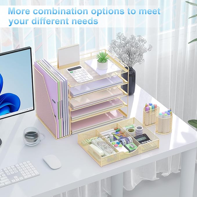 gianotter 5-Tier Desk Organizer with Drawers, File Holders, Letter Trays and Pen Holders - Workspace Accessories for Office Supplies (Gold)