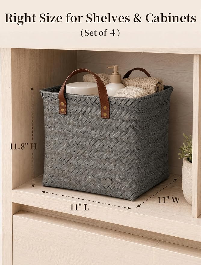 Hand Woven Baskets for Storage, 4Pcs Water-Resistant Wicker Baskets, Grey Wicker Storage Baskets for Shelves, Large Basket with Handle for Organizing, Clothes, Laundry, Blanket - Square