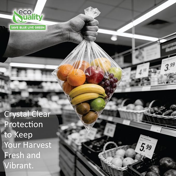 EcoQuality 18" x 24" Plastic Produce Bags on a Roll - 250 Clear Bags/Roll for Fruits, Veggies, Bread, Pet Waste & Groceries (4)