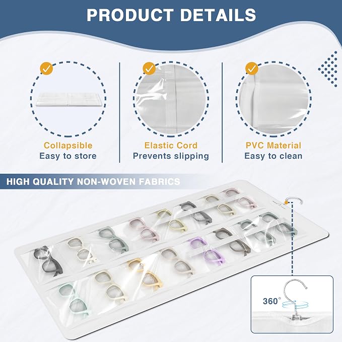 Hanging Sunglasses Organizer and Storage, 32 Slots Jewelry Holder, White | Protect eyewear from dust with double-sided clear compartments; roof design hangs on wall, door or closet for home/RV travel.