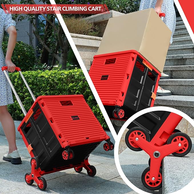SELORSS Foldable Utility Cart Collapsible Crate Rolling Carts with Stair Climbing Wheels Rolling Tote Basket Teacher Cart with Lid Wear-Resistant 360°Rotate Wheel Noiseless for Shopping Grocery Office