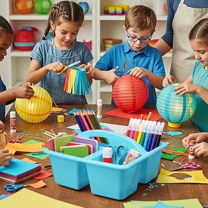 AceOrbit 4 Pack Pastel Pink and Blue Classroom Table Caddy with Handle 9x9x5'' Plastic Small Desk Caddy for Classroom Group with 3 Compartments School Supply Caddies for Teacher Office Organizer