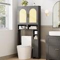 Homhedy Wooden Over The Toilet Storage Cabinet, Natural and Black | Bathroom Organizer with Rattan Decorated Doors, Adjustable Shelves, Toilet Paper Holder, for Small Spaces