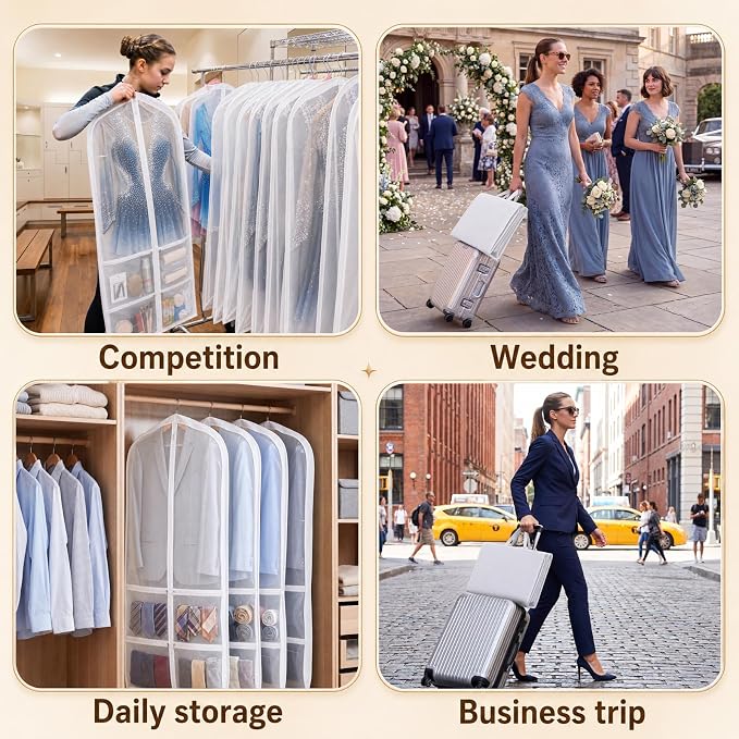 Tranqun 2 Pack 65" Long Wedding Garment Bags for Gowns 4" Gusseted Clear Dress Travel Bag for Hanging Clothes Foldable Wedding Dress Cover with 4 Zipper Pockets for Closet Storage and Travel (White)