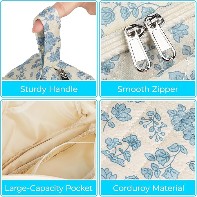 WOBAGMEN Quilted Pencil Pouch for Girls Women, Large Pencil Case Pouch with Compartments Cute Aesthetic Pencil Case Organizer, Floral Pencil Bag for School Supplies (blue floral)