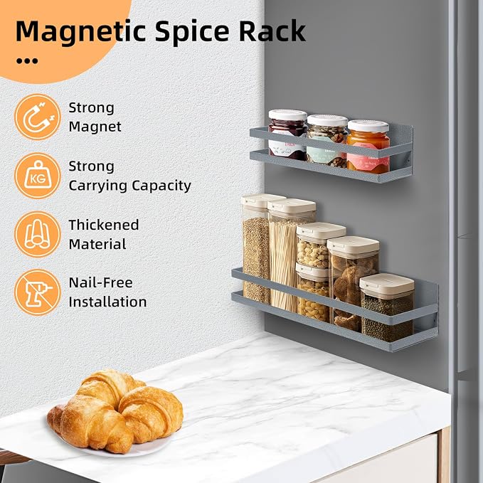 Uten Magnetic Spice Rack for Refrigerator 2 Pack, Strong Heavy Duty Metal | Magnetic Schelves capacity of up to 23lbs, Spice organizer, 16"*4.5" and 12"*4", gray textured