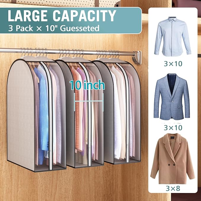 Liuoud 10" Gusseted Garment Bags for Hanging Clothes 32" Suit Bags for Open Closet Storage, Side Clear Clothing Cover for Coat, Dress, Jacket, Shirt, Fur Wardrobe Protector, 3 Packs, Grey