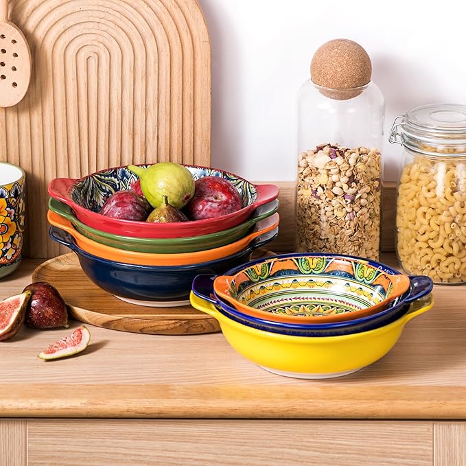 Henten Home Ceramic Soup Bowls Set，30 oz Ceramic Pasta Bowls Set of 6, Colorful Serving Bowl with Handle, for Salad, Cereal, Dinner, Bohemian Style, Microwave & Dishwasher Safe