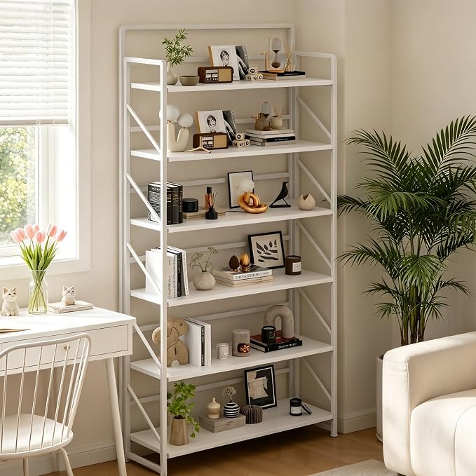 JSB 6 Tier No Assembly Folding Bookshelf, 30.3" Wide Foldable Storage Bookcase for Home Office, Space-Saving Storage Shelf for Living Room (All White)