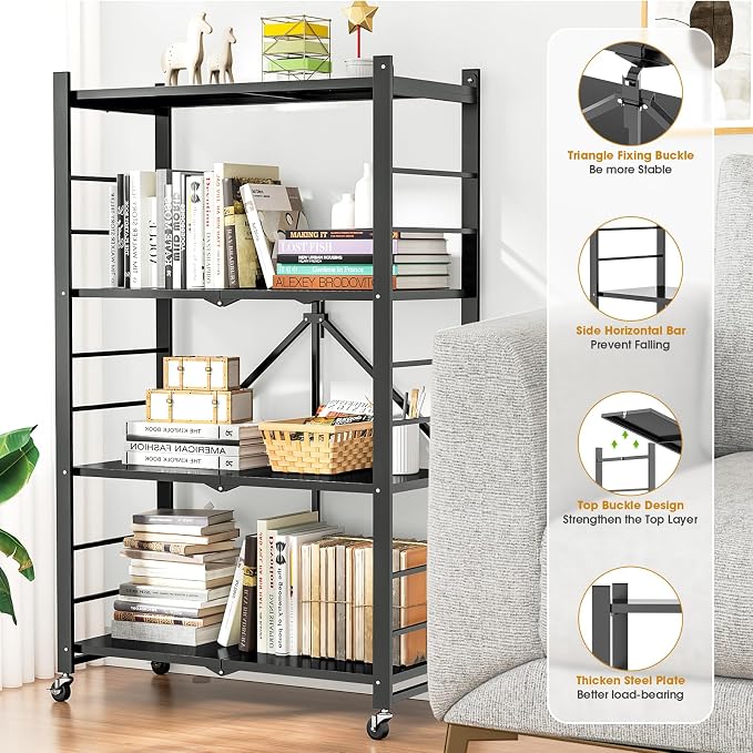 Fenbeli 4 Tier Folding Storage Shelf with Wheels, Heavy Duty Metal Shelving Unit No Assembly, Foldable Rolling Storage Rack 600 LBS Capacity, Locking Casters for Garage Kitchen Pantry
