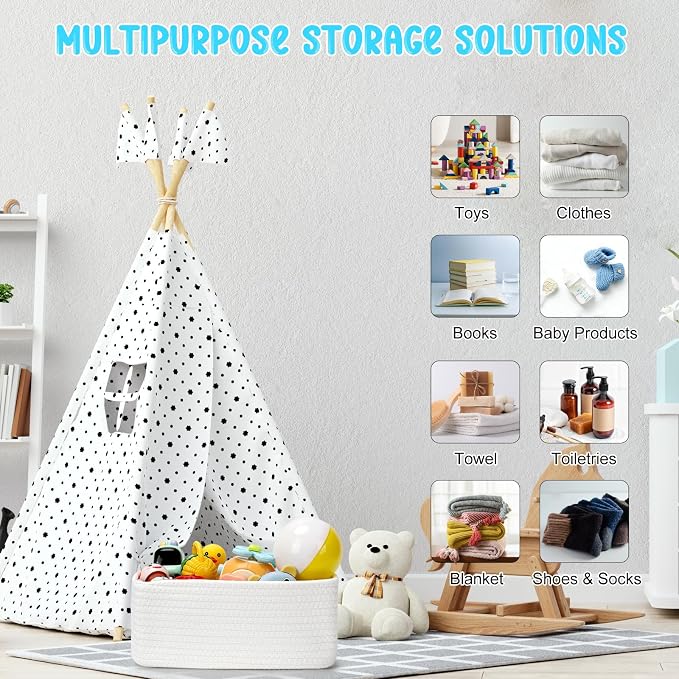 3-Pcs Shelf Baskets for Organizing, Closet Organizer Bins, Small Woven Baskets, Rope Toy Basket, Storage Basket for Shelves, Cube Decorative Box, 11.8×7.8×5.1”, White