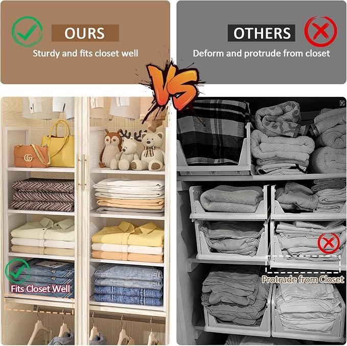 4-Tier Stackable Closet Organizers and Storage Basket, Wire Clothes Shelf Organizer Bins, Sweater Storage for Wardrobe Cupboard, Multifunctional Cube Storage Box for Kitchen Bath Laundry Room, White