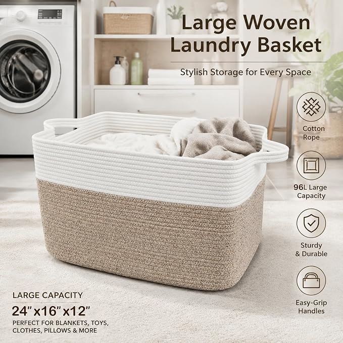 96L XXXLarge Woven Laundry Basket with Sturdy Handles - White/Brown | 24x16x15 Foldable Rectangular Blanket Basket for Toys, Clothes & Pillows,Ideal for Nursery, Bathroom, Bedroom, Living Room