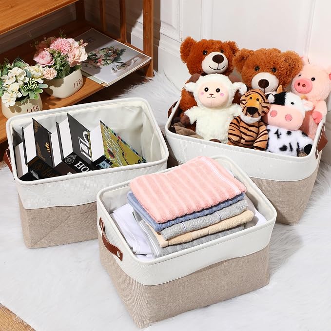 Uiifan 10 Pcs Collapsible Storage Bins Fabric Foldable Storage Basket with Handles Cloth Organizer Linen Shelf Baskets for Shelves Home Closet Nursery Toys(16 x 12 x 10 Inch,Beige and White)