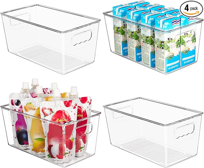 YIHONG Clear Plastic Storage Bins, 4 Pack Small Pantry Organizer Bins with Handle for Kitchen, Freezer,Cabinet,Closet Organization and Storage